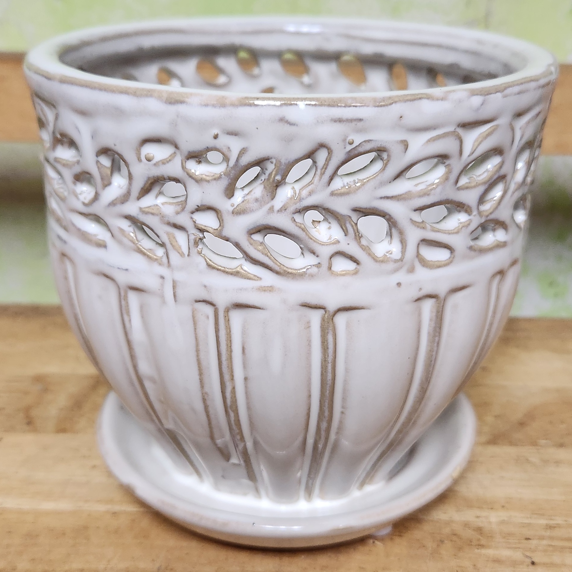 O-LOTUS15  Lace ring orchid pot, moonstone 5" x 5.25"