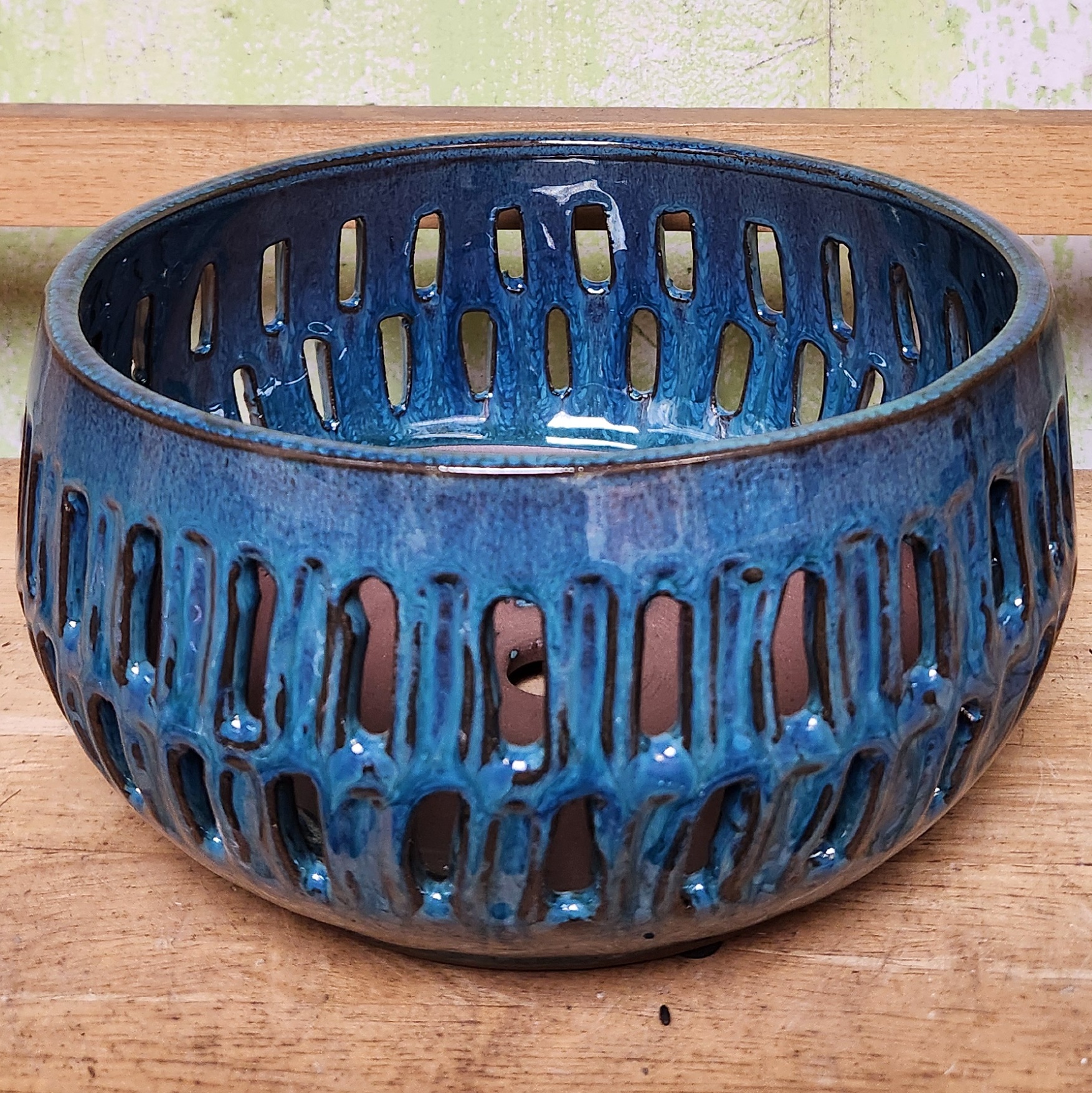 O-LOTUS13 Deep turquoise slotted bowl, 8.75" x 4.5"