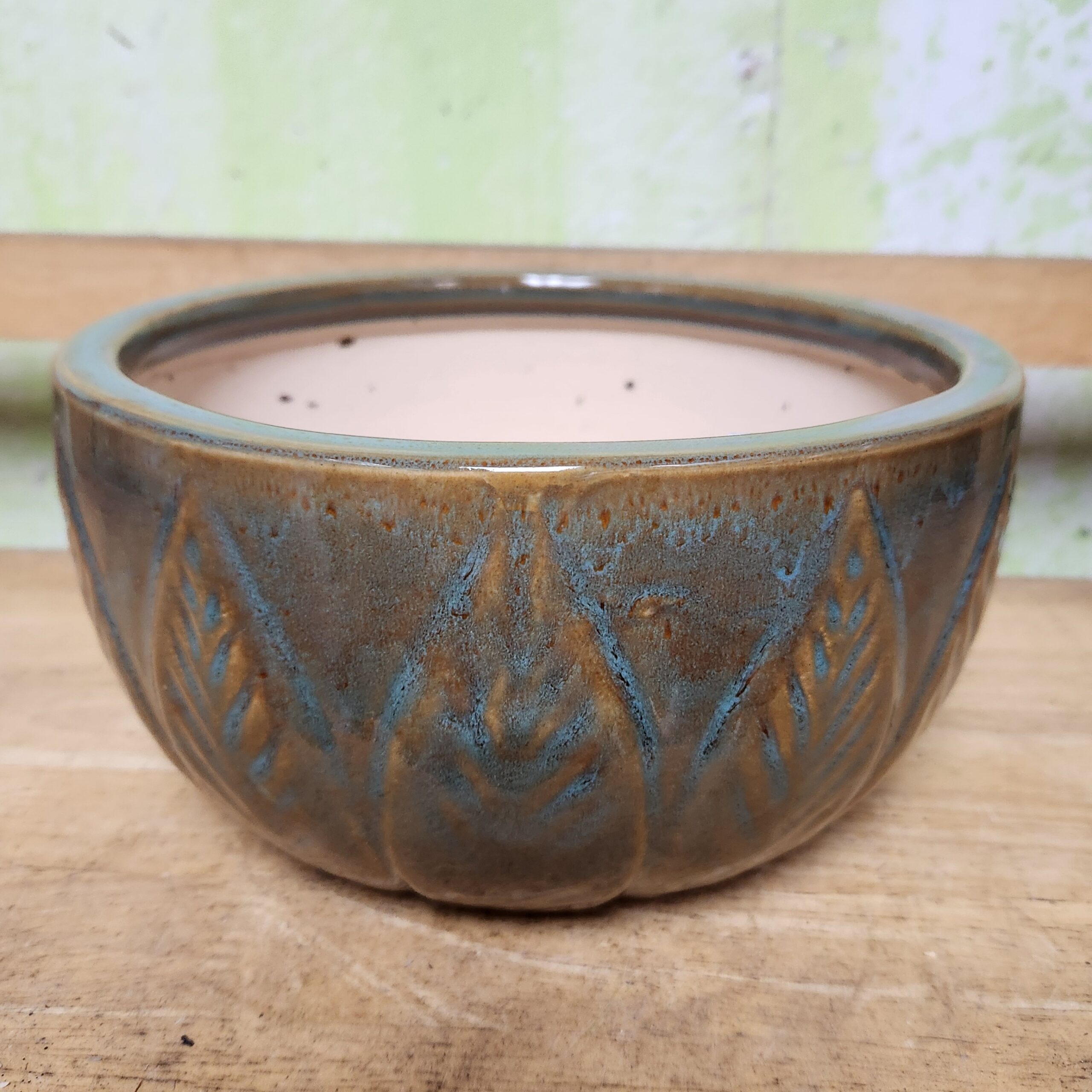 B-LOTUS7A Linear Leaf Chestnut Jade Bowl, 8.25" X 4.25" high